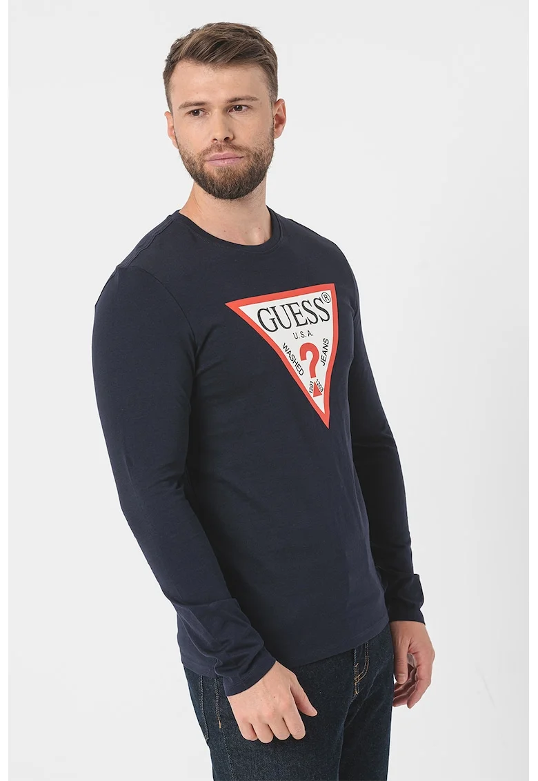 Bluza slim fit de bumbac cu imprimeu logo, Albastru ultramarin