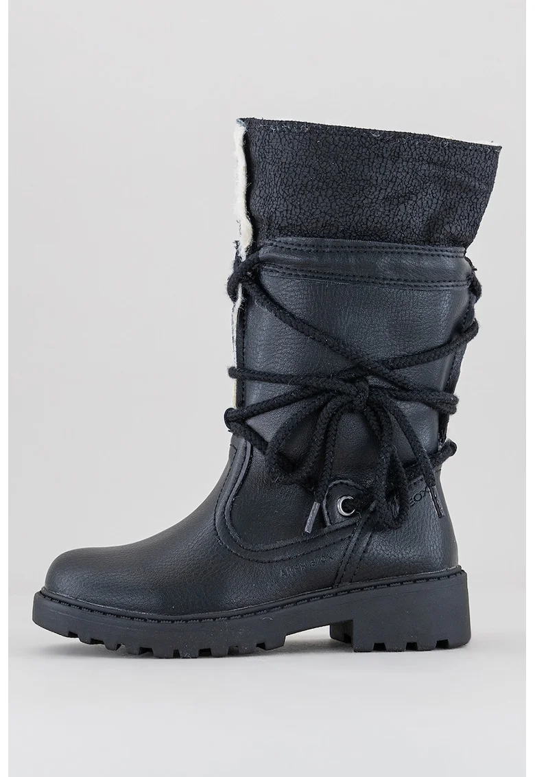 Cizme mid-calf de piele ecologica cu sireturi, Negru