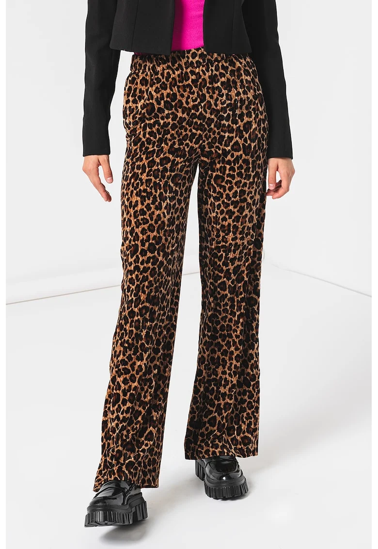 Pantaloni cu croiala ampla si animal print Accetto, Negru/Maro