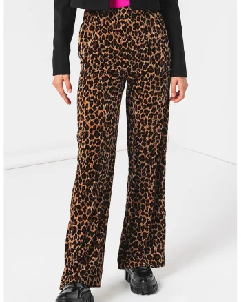 Pantaloni cu croiala ampla si animal print Accetto, Negru/Maro