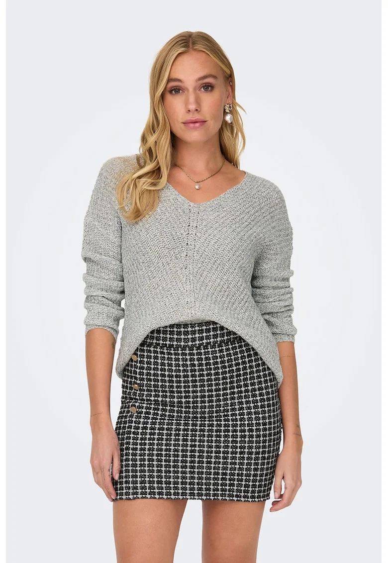 Pulover cu decolteu in V si maneci cazute New Megan, Gri deschis