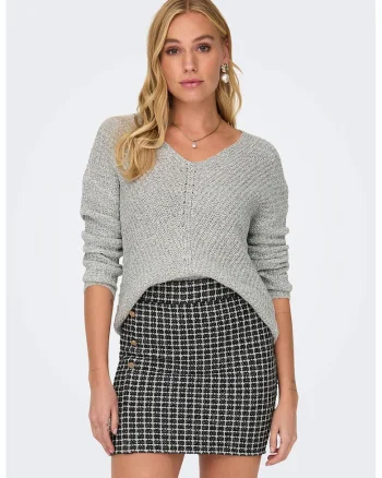 Pulover cu decolteu in V si maneci cazute New Megan, Gri deschis