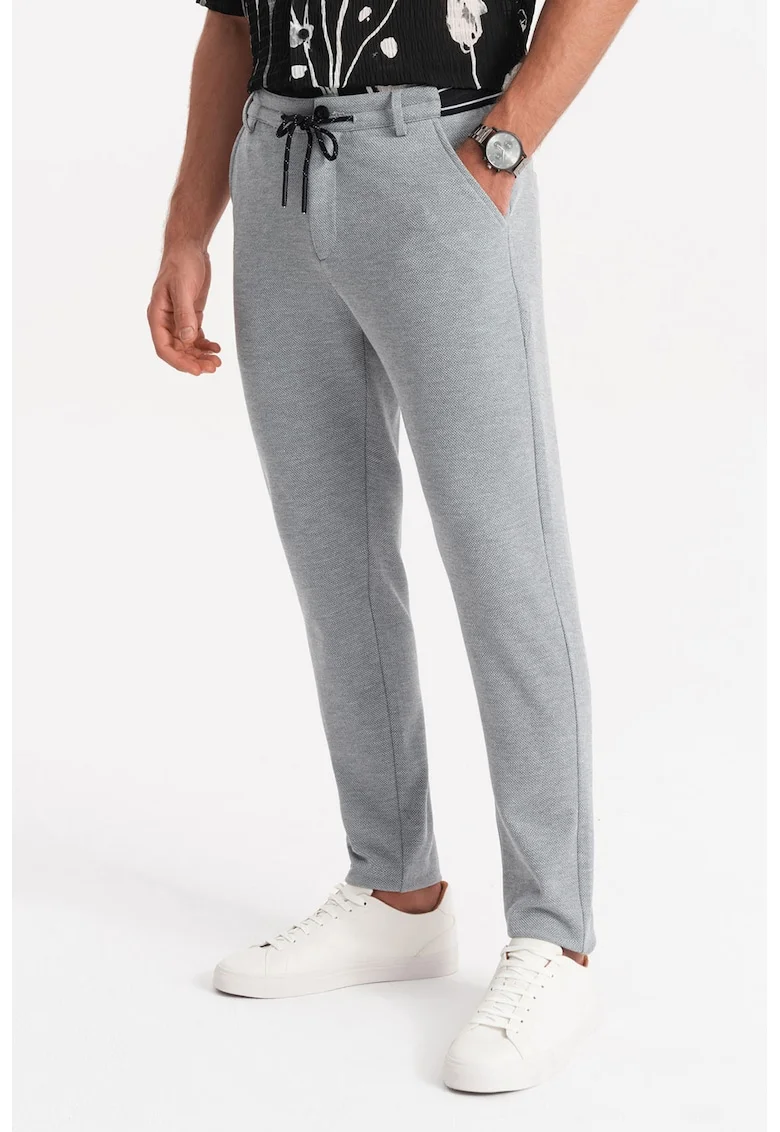 Pantaloni texturati cu snur, Gri deschis melange