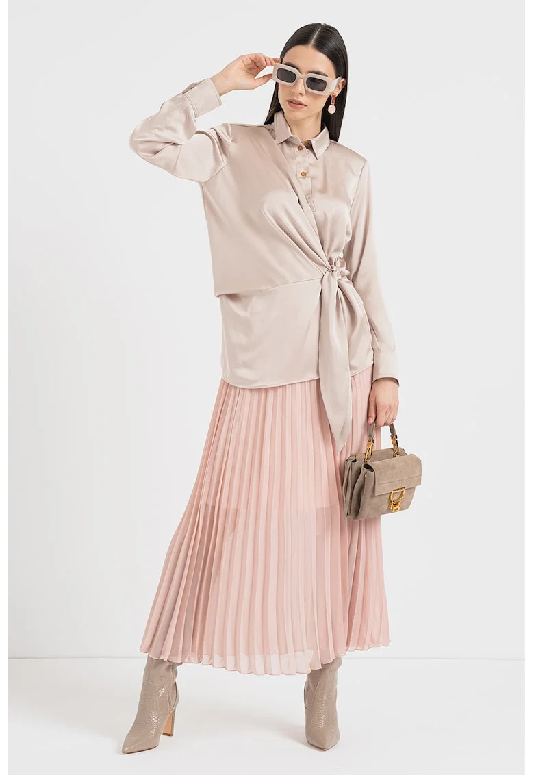 Bluza cu aspect de satin si fenta cu nasturi Majori, Bej