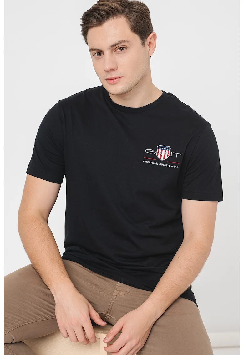 Tricou regular fit din bumbac cu broderie logo, Negru