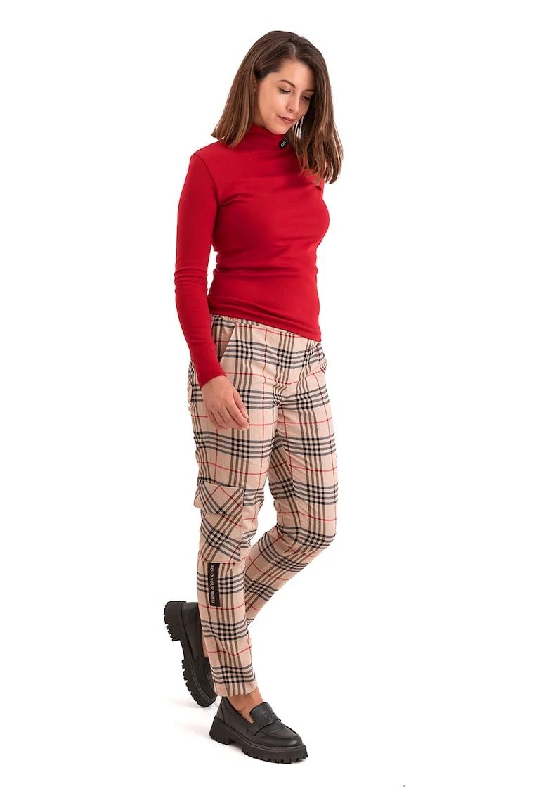 Pantaloni cargo cu model in carouri, Rosu/Maro/Bej