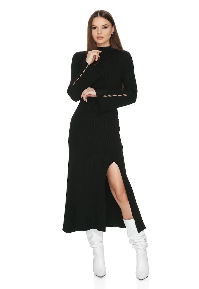 Rochie striata cu slit lateral Dhalia, Negru