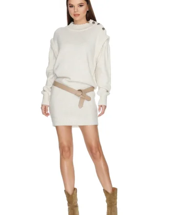 Rochie-pulover din amestec de lana cu model uni Dulce, Alb fildes