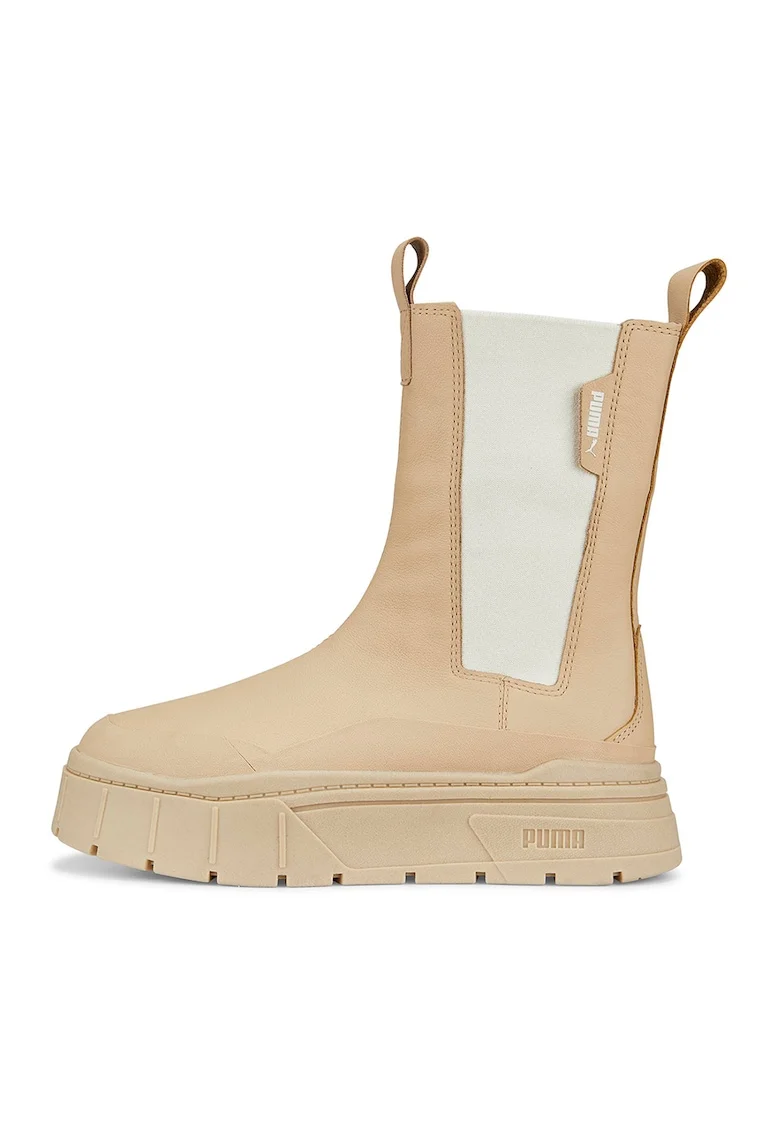 Ghete Chelsea de piele cu segmente din material textil Mayze Stack, Maro nisip
