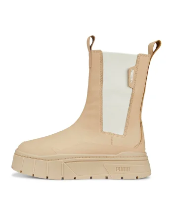 Ghete Chelsea de piele cu segmente din material textil Mayze Stack, Maro nisip