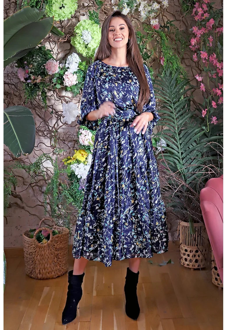 Rochie din amestec de matase cu model floral Cagliari, Alb/Bleumarin