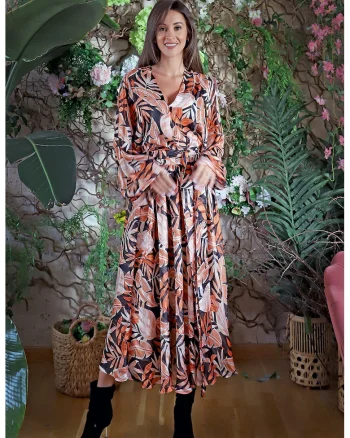 Rochie midi din amestec de matase Cremona, Portocaliu/Bleumarin