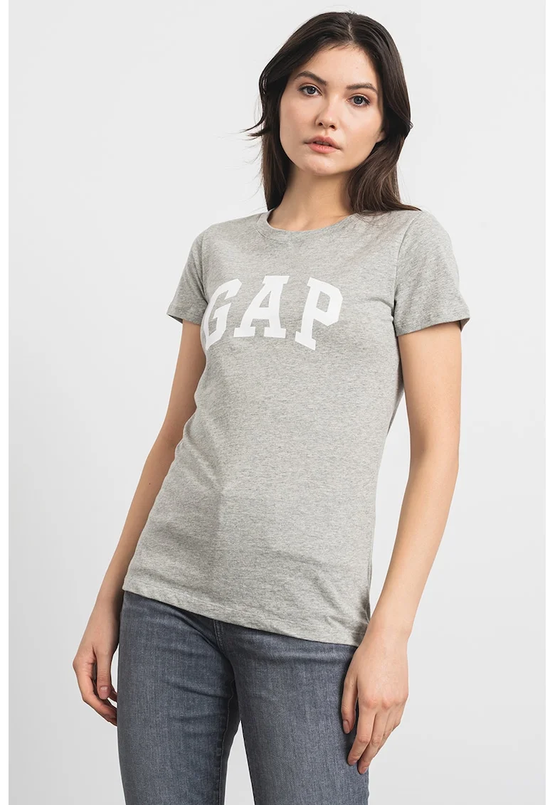 Tricou de bumbac cu imprimeu logo, Gri melange