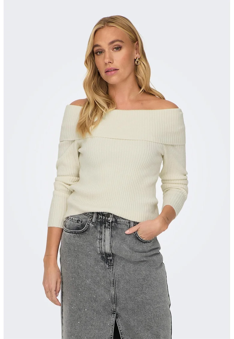 Pulover striat cu decolteu pe umeri Katia, Crem