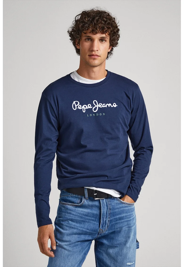 Bluza de bumbac cu imprimeu logo, Bleumarin