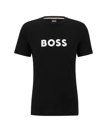 Tricou cu decolteu rotund si logo, Negru
