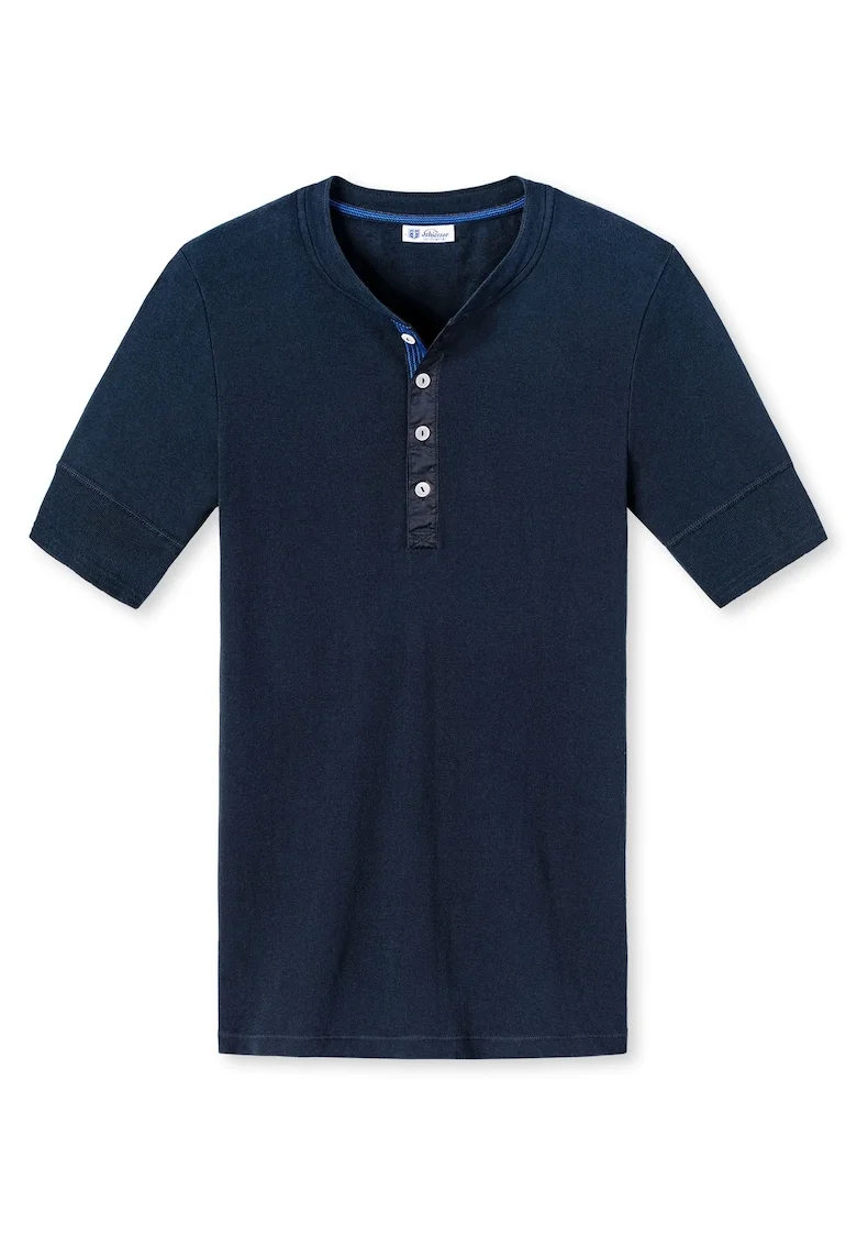 Tricou de bumbac cu decolteu Henley, Albastru inchis