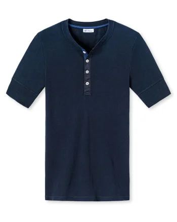 Tricou de bumbac cu decolteu Henley, Albastru inchis