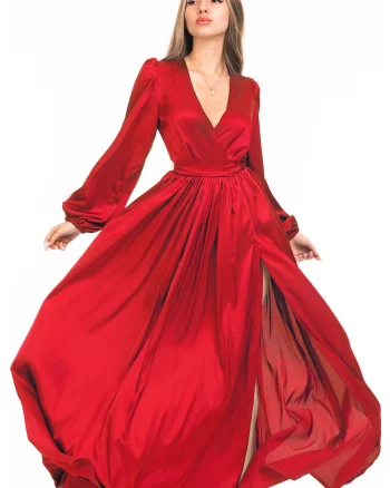 Rochie maxi evazata cu slit si model petrecut, Rosu