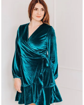 Rochie mini catifelata cu croiala petrecuta, Albastru petrol