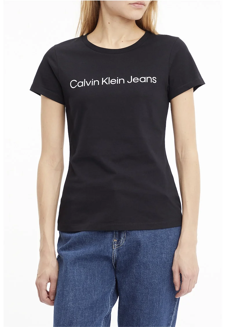 Tricou slim fit cu decolteu la baza gatului, Negru