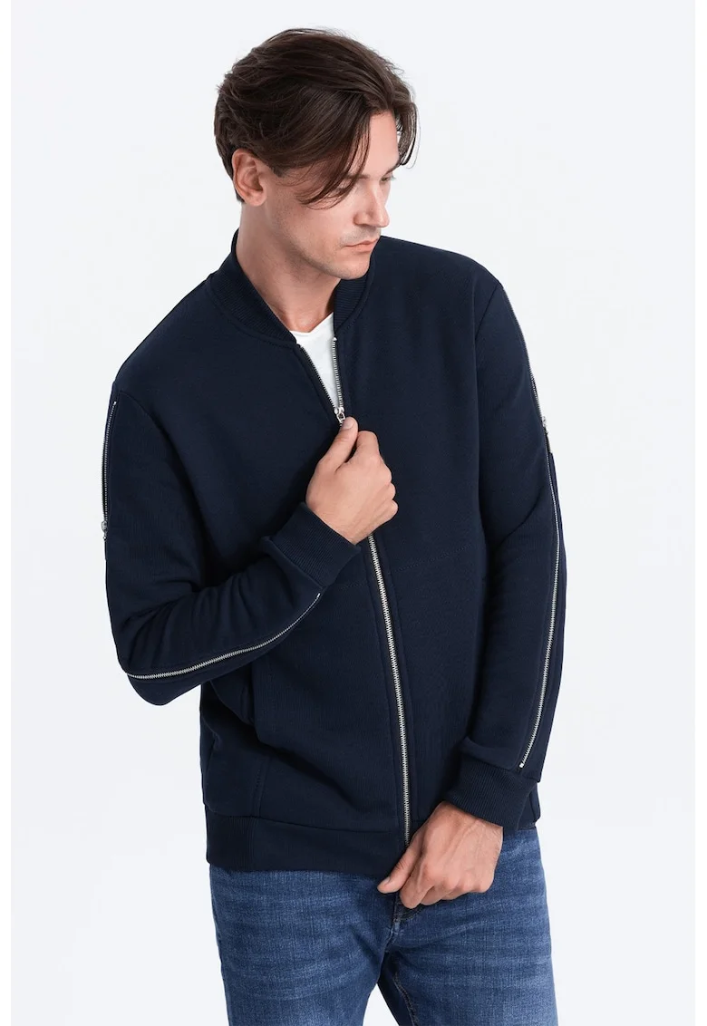 Bluza de trening cu fermoare laterale decorative, Bleumarin