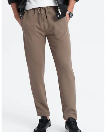 Pantaloni texturati cu snur in talie,, Maro camel