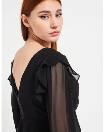 Bluza cu decolteu in V si maneci din sifon, Negru