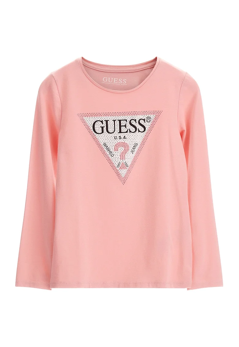 Bluza cu imprimeu logo si strasuri, Roz somon