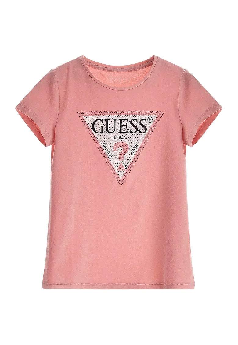 Tricou cu imprimeu logo si strasuri, Alb/Roz somon/Argintiu