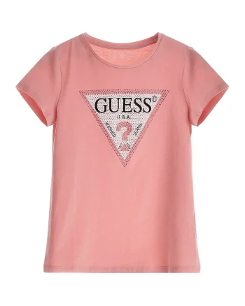 Tricou cu imprimeu logo si strasuri, Alb/Roz somon/Argintiu