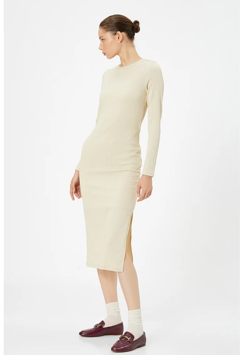 Rochie midi striata cu slit lateral, Crem