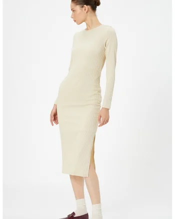 Rochie midi striata cu slit lateral, Crem