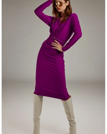 Rochie cambrata cu decolteu in V si curea asortata, Violet
