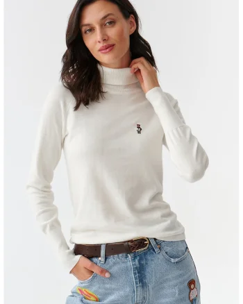 Pulover cu guler inalt si broderie cu urs, Alb optic