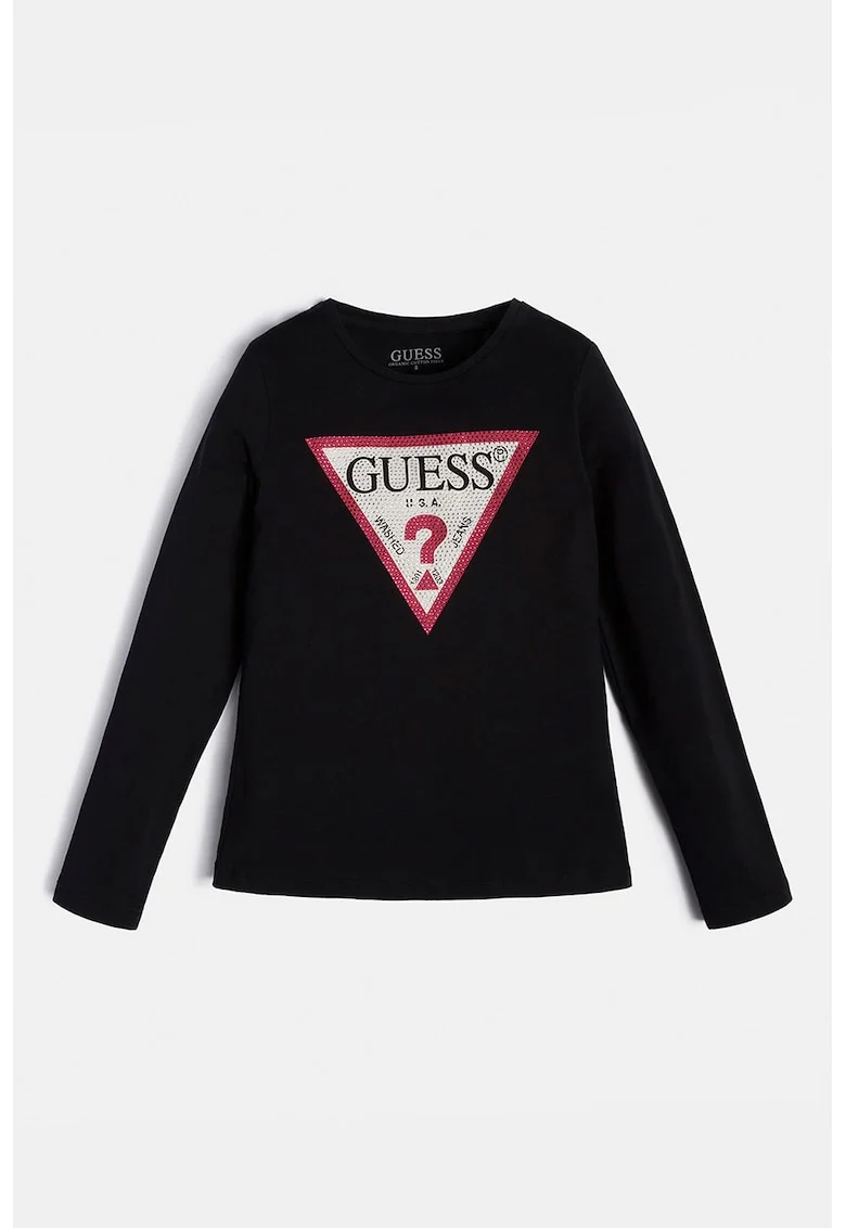 Bluza cu imprimeu logo si strasuri, Negru
