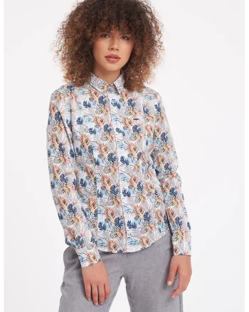 Camasa slim fit cu imprimeu tropical, Alb/Albastru