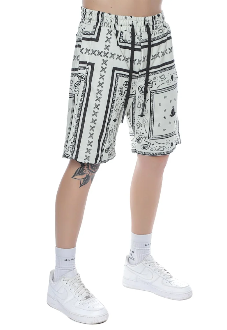 Pantaloni scurti cu imprimeu si snur Bandana, Negru/Crem