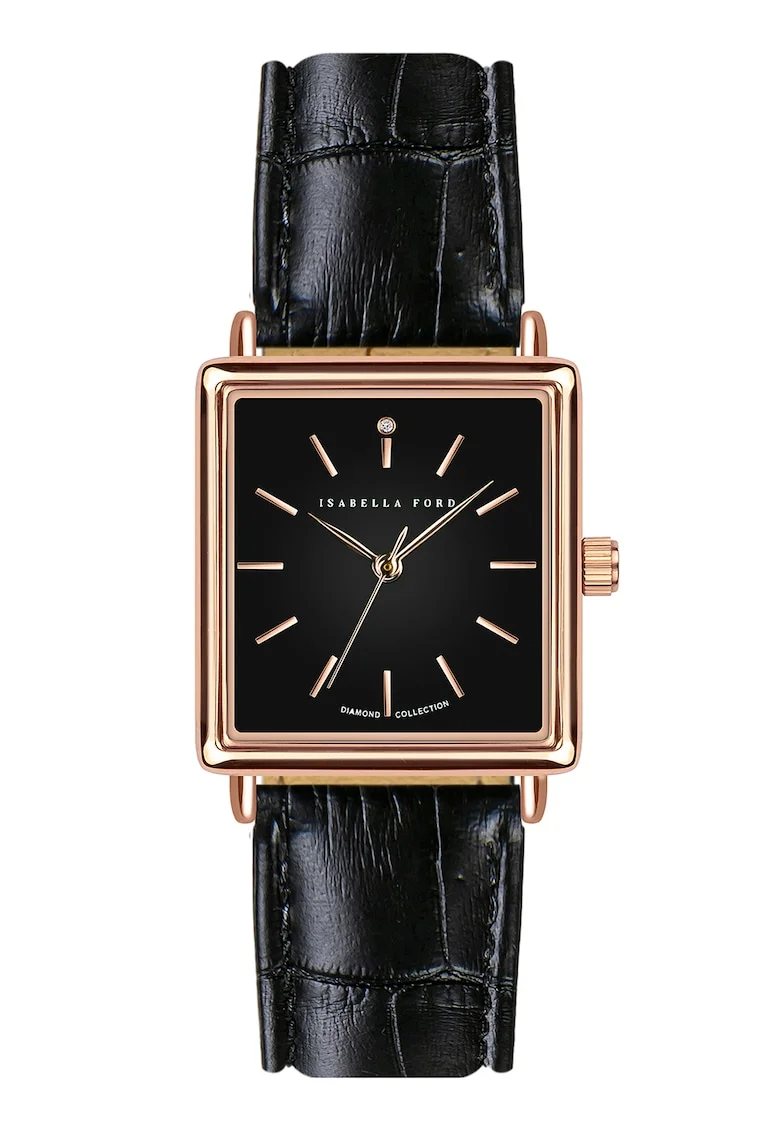 Ceas analog patrat cu cadran decorat cu diamant, Auriu rose/Negru