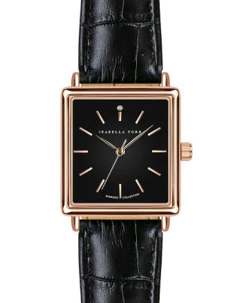 Ceas analog patrat cu cadran decorat cu diamant, Auriu rose/Negru