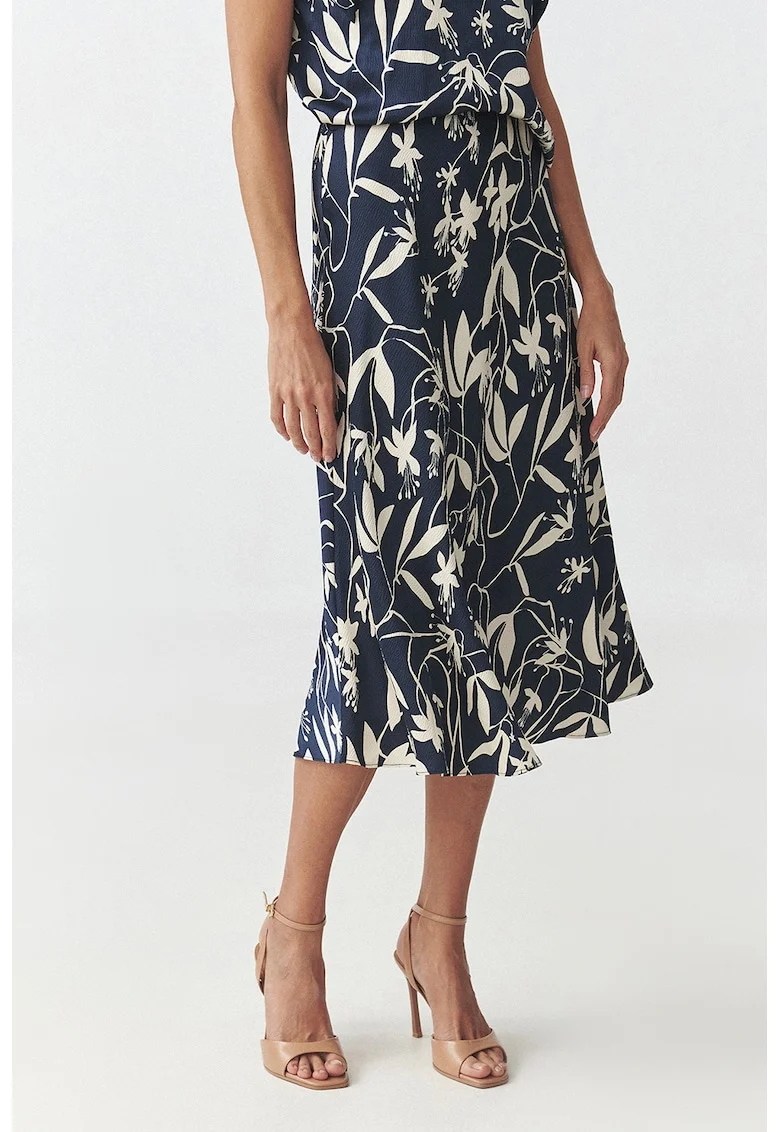 Fusta midi evazata cu model floral, Alb fildes/Bleumarin