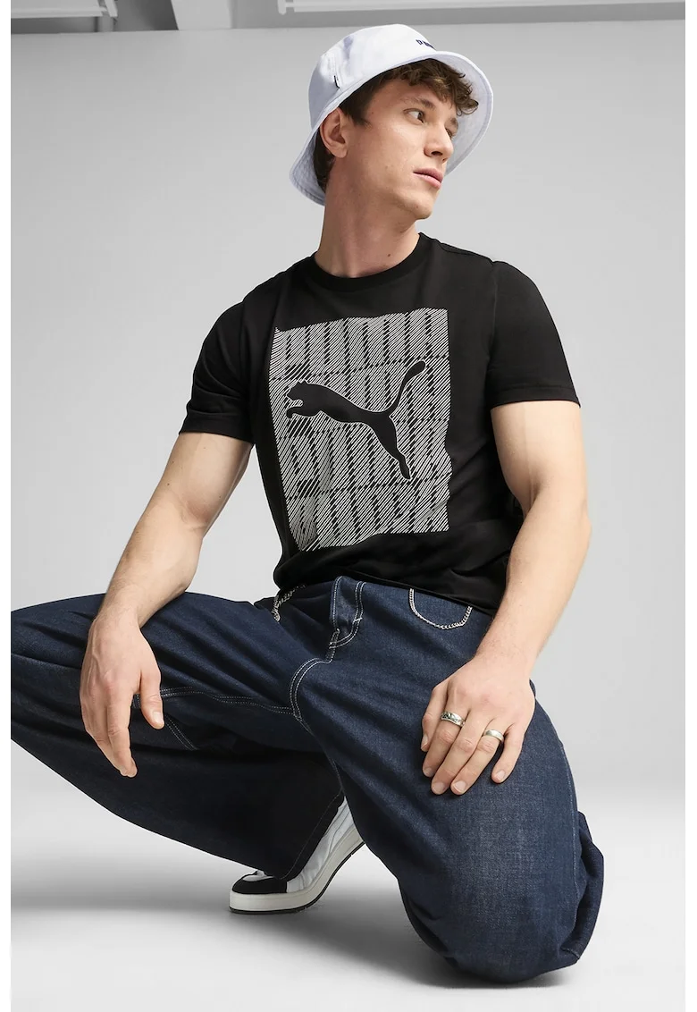 Tricou din amestec de bumbac cu imprimeu logo, Alb/Negru