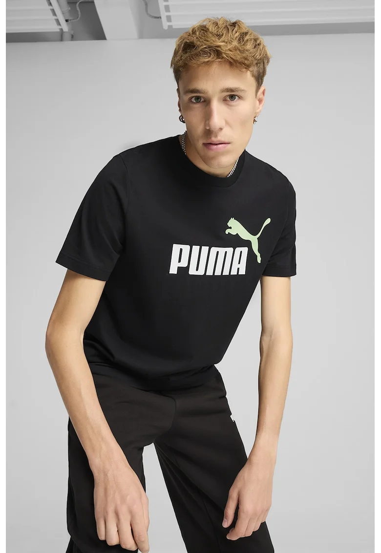 Tricou cu decolteu la baza gatului si imprimeu logo Essentials 2, Alb/Negru stins/Verde persan