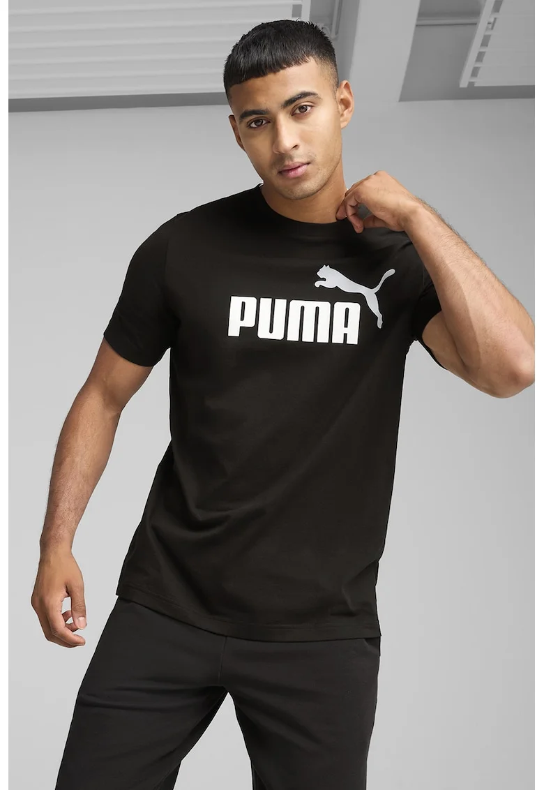 Tricou cu decolteu la baza gatului si imprimeu logo Essentials 2, Negru/Alb murdar
