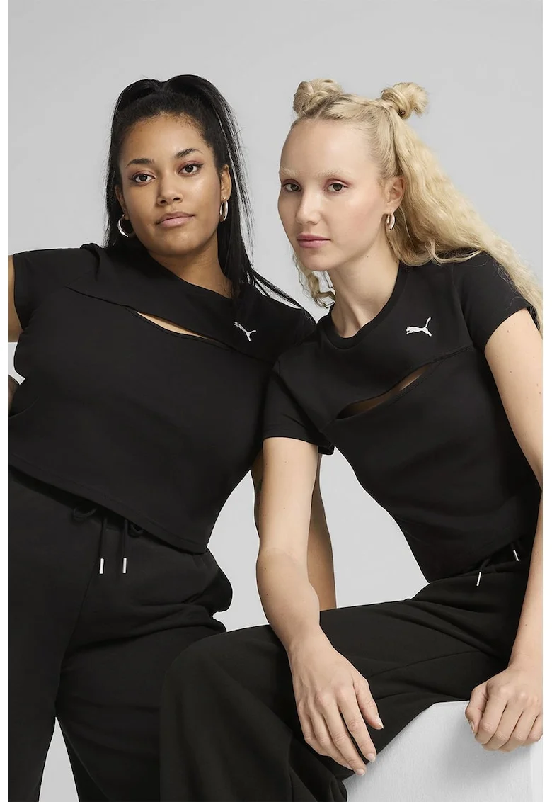 Tricou cu decolteu la baza gatului si slit frontal, Negru