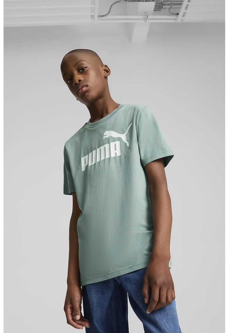 Tricou de bumbac cu decolteu la baza gatului si logo ESS No 1, Alb/Verde persan