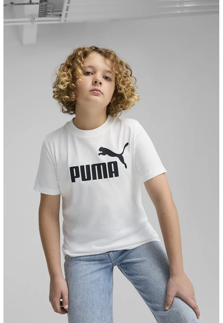 Tricou de bumbac cu decolteu la baza gatului si logo ESS No 1, Alb/Negru stins
