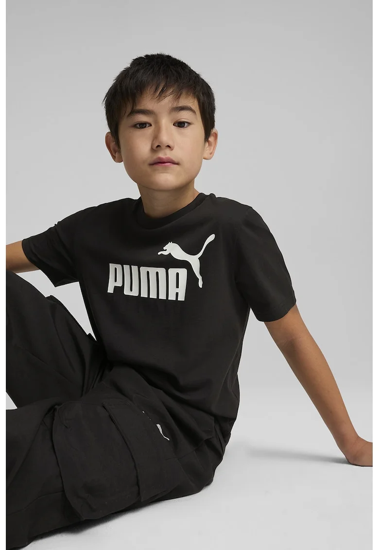 Tricou de bumbac cu decolteu la baza gatului si logo ESS No 1, Alb/Negru