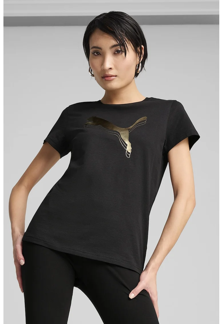 Tricou cu decolteu la baza gatului si imprimeu logo, Auriu/Negru
