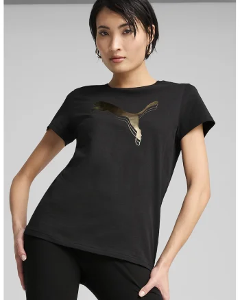 Tricou cu decolteu la baza gatului si imprimeu logo, Auriu/Negru